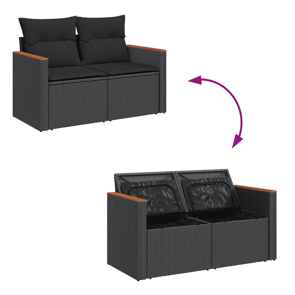 vidaXL 7-tlg. Garten-Sofagarnitur mit Kissen Schwarz Poly Rattan