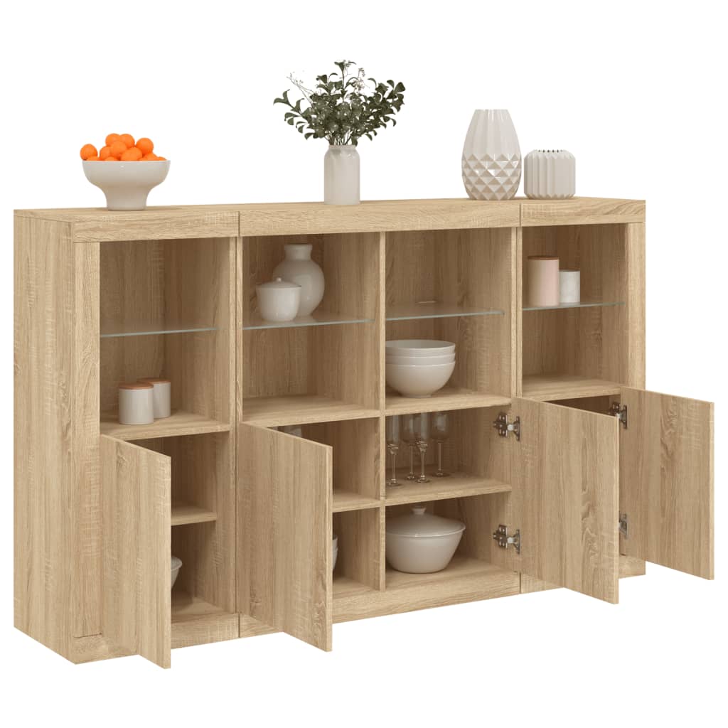 vidaXL Sideboards mit LED-Leuchten 3 Stk. Sonoma-Eiche Holzwerkstoff