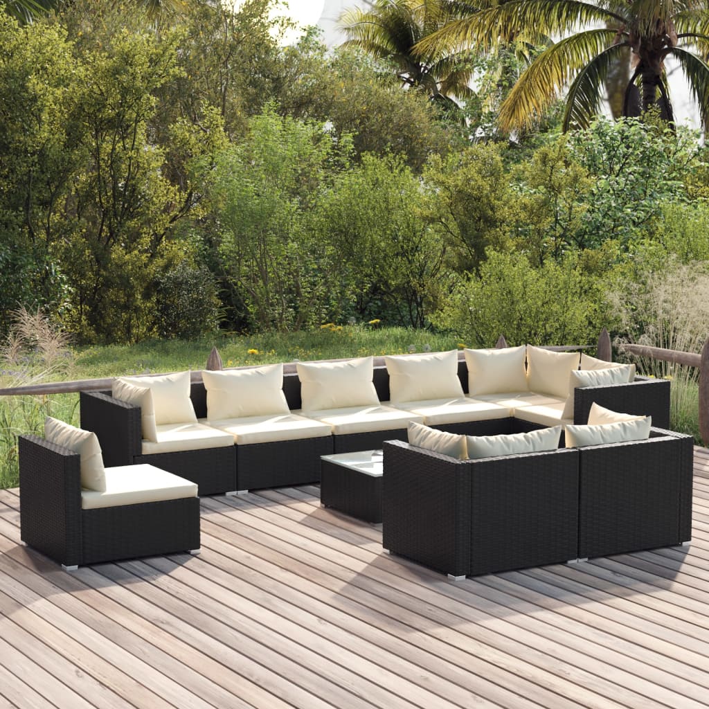 vidaXL 10-tlg. Garten-Lounge-Set mit Kissen Poly Rattan Schwarz