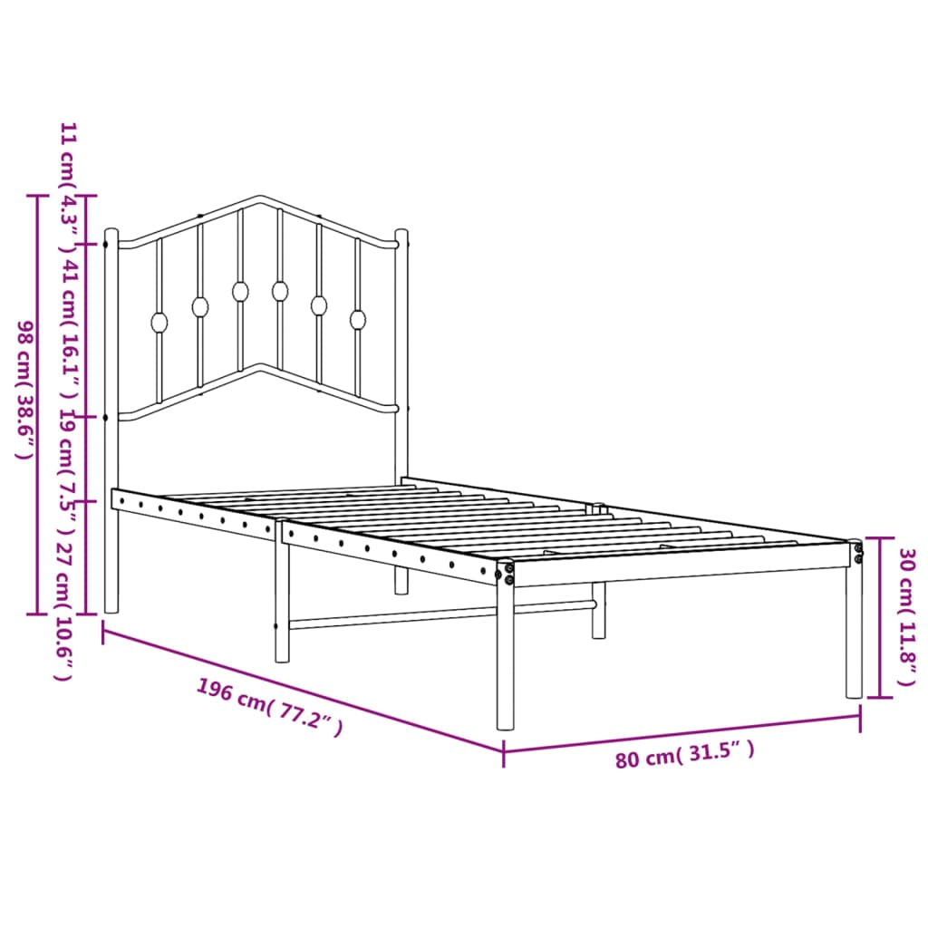 vidaXL Bettgestell mit Kopfteil Metall Schwarz 75x190 cm