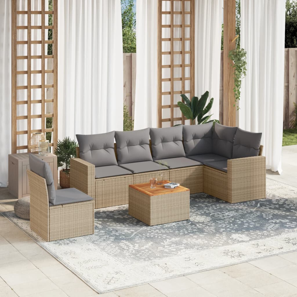 vidaXL 7-tlg. Garten-Sofagarnitur mit Kissen Beige Poly Rattan