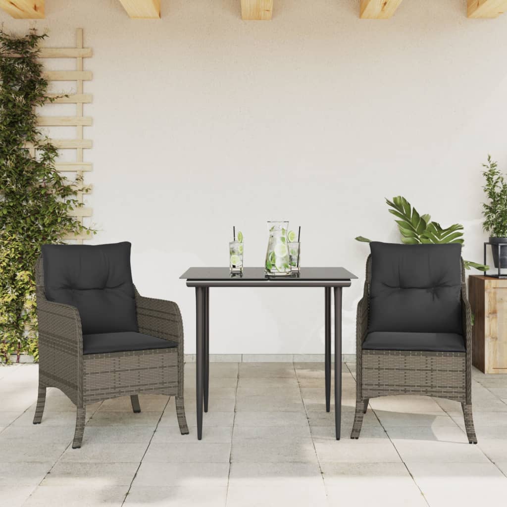 vidaXL 3-tlg. Garten-Essgruppe mit Kissen Grau Poly Rattan