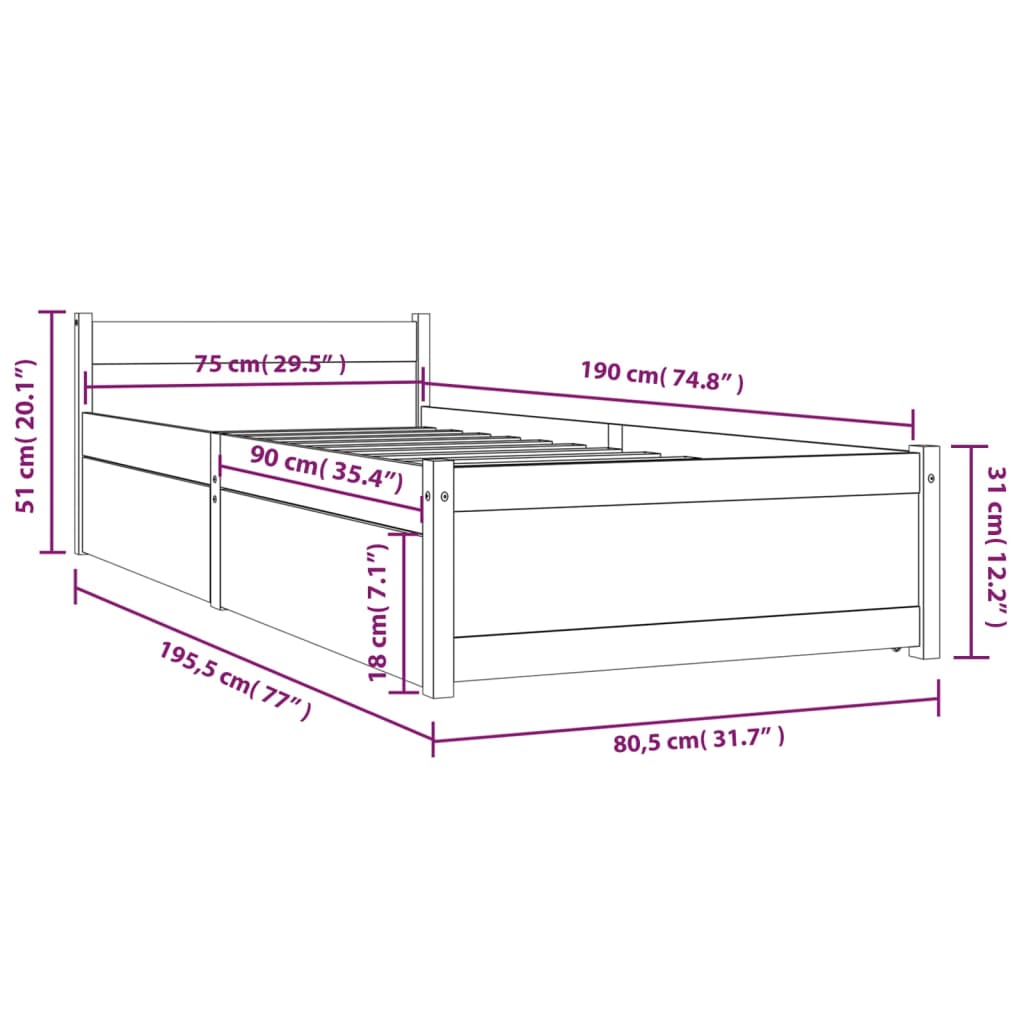 vidaXL Bett mit Schubladen Weiß 75x190 cm