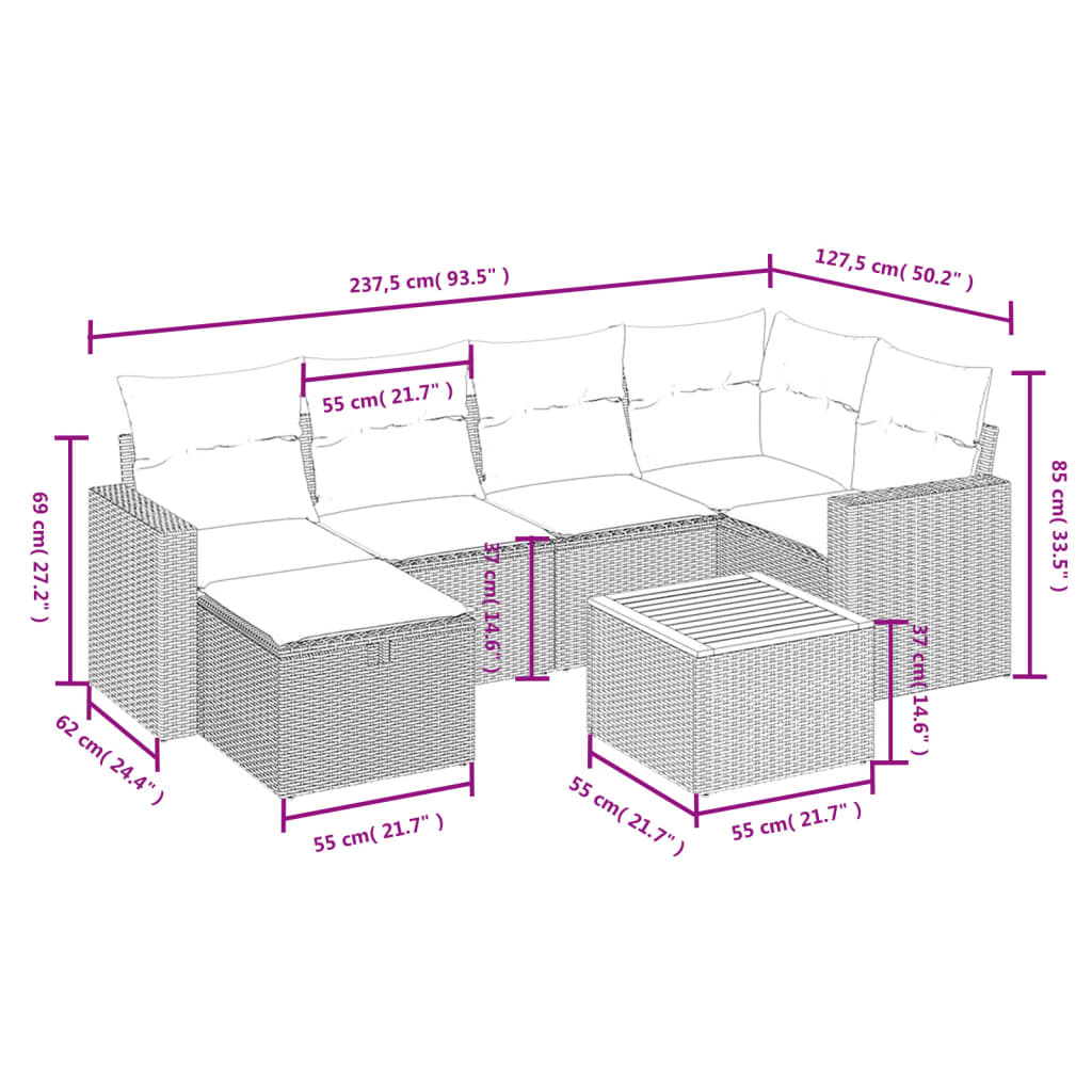 vidaXL 7-tlg. Garten-Sofagarnitur mit Kissen Beige Poly Rattan