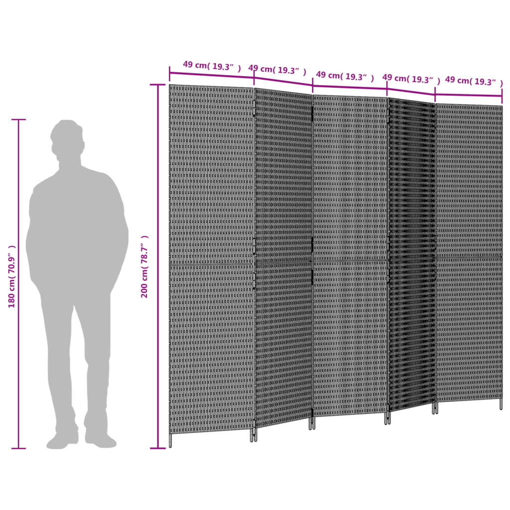 vidaXL Paravent 5-tlg. Grau Poly Rattan