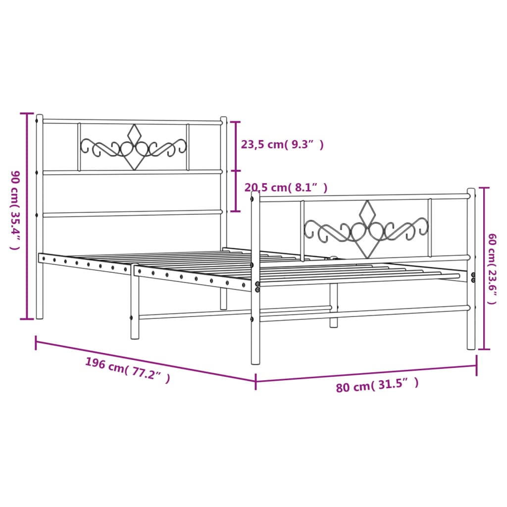 vidaXL Bettgestell mit Kopf- und Fußteil Metall Weiß 75x190 cm