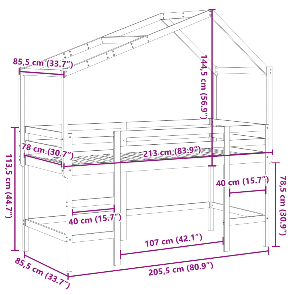 vidaXL Hochbett mit Leiter und Dach Weiß 80x200 cm Massivholz Kiefer