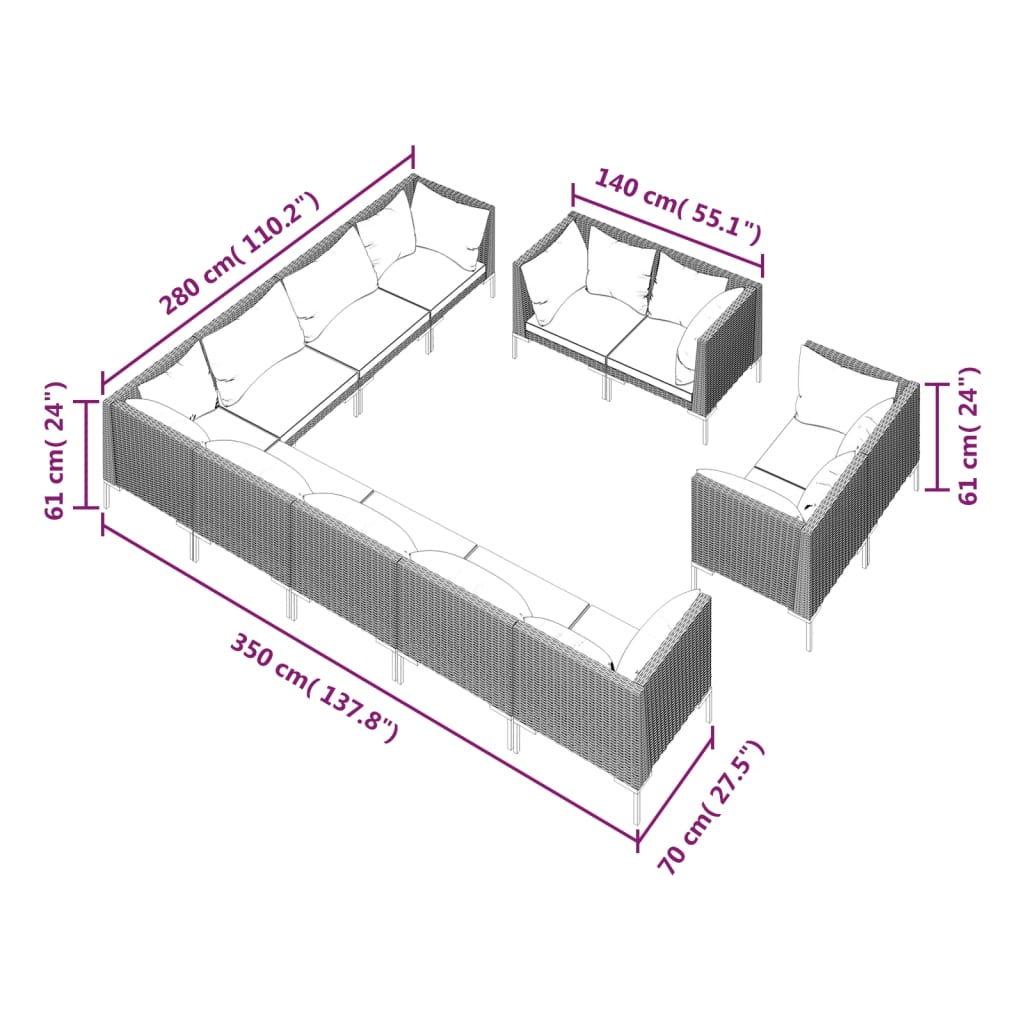 vidaXL 12-tlg. Garten-Lounge-Set mit Kissen Poly Rattan Dunkelgrau