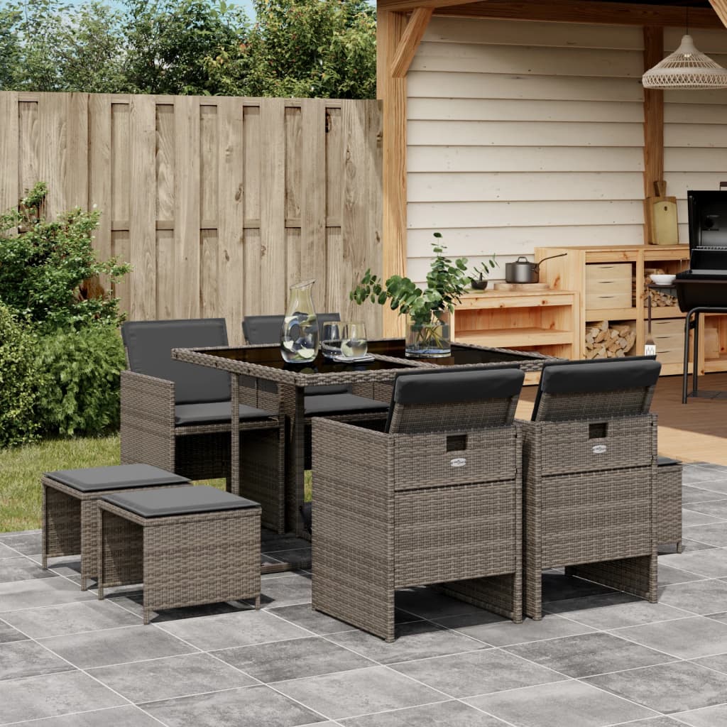 vidaXL 9-tlg. Garten-Essgruppe mit Kissen Grau Poly Rattan