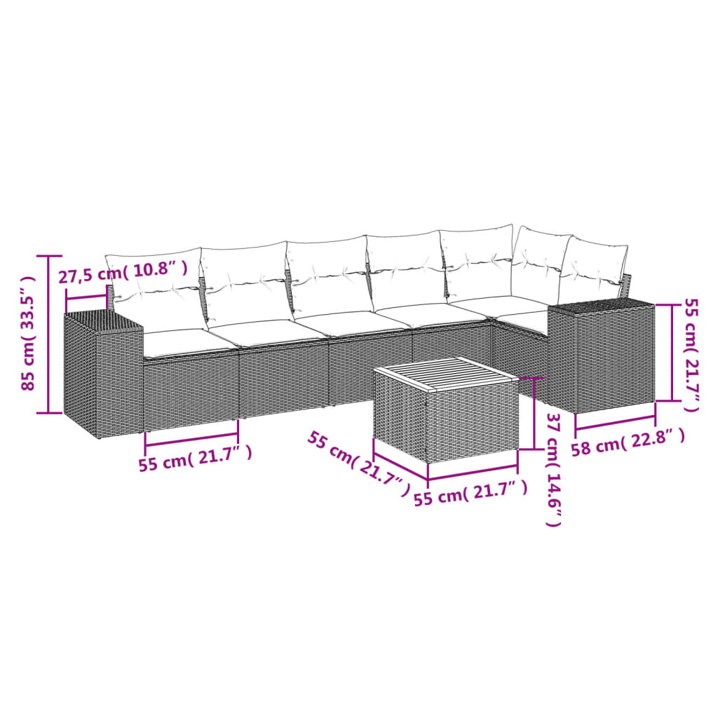 vidaXL 7-tlg. Garten-Sofagarnitur mit Kissen Beige Poly Rattan