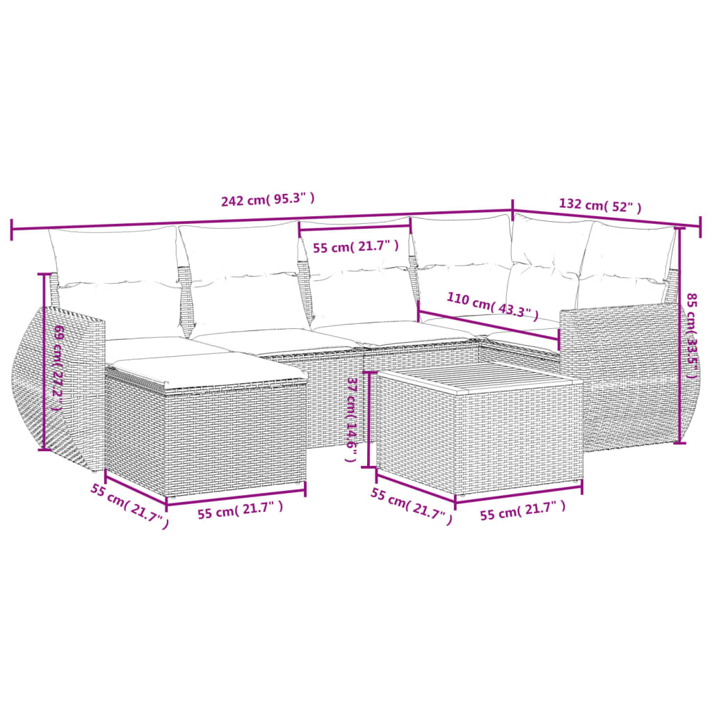 vidaXL 7-tlg. Garten-Sofagarnitur mit Kissen Beige Poly Rattan