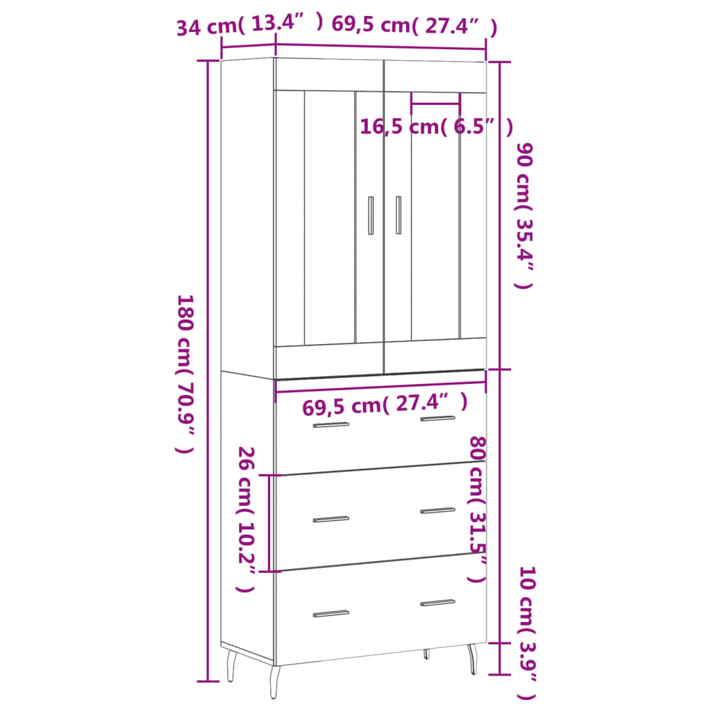 vidaXL Highboard Schwarz 69,5x34x180 cm Holzwerkstoff