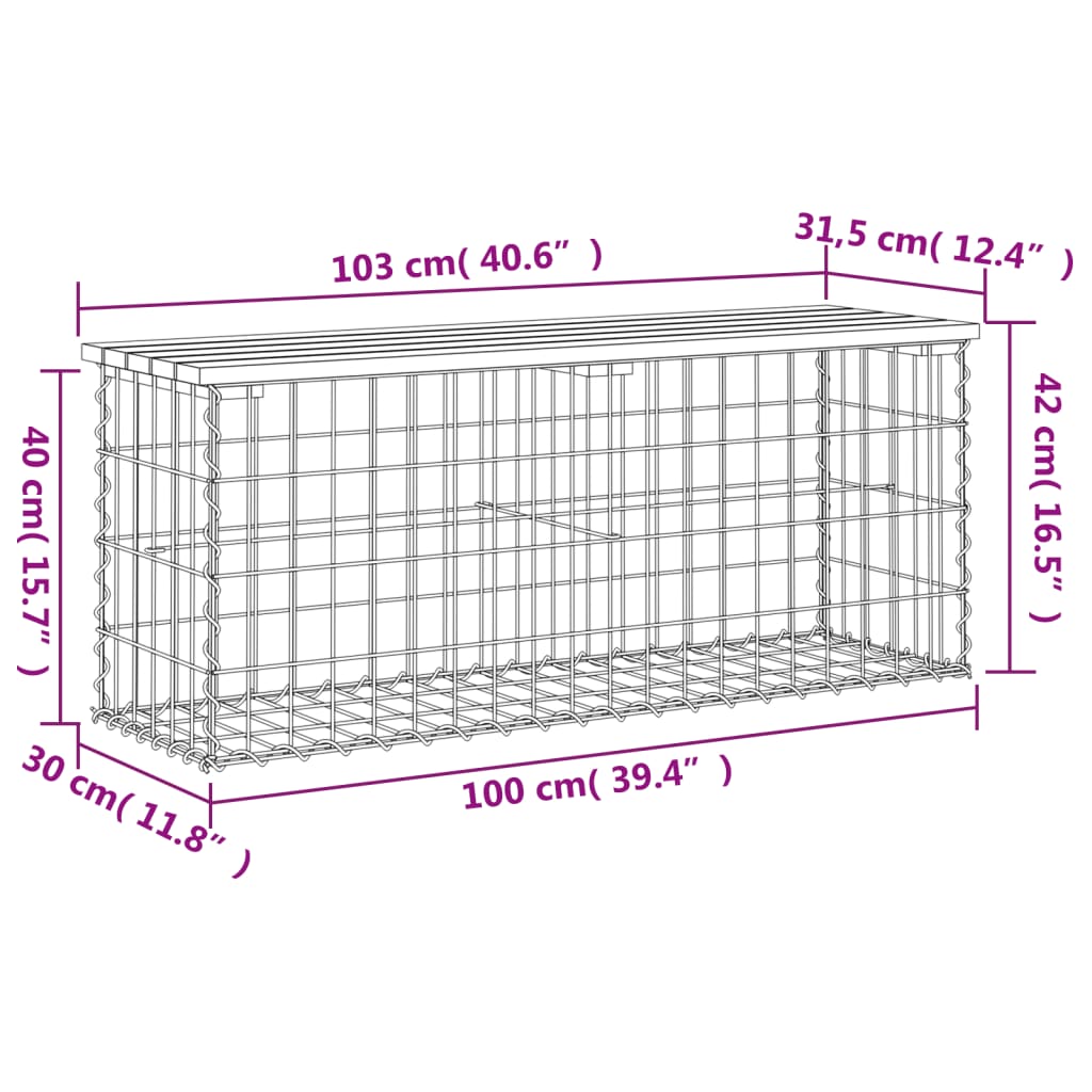 vidaXL Gartenbank aus Gabionen 103x31,5x42 cm Massivholz Kiefer