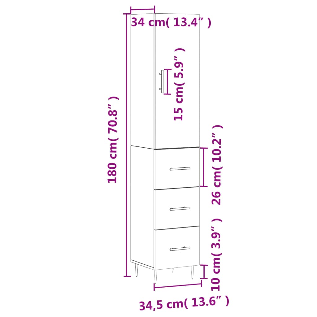 vidaXL Highboard Grau Sonoma 34,5x34x180 cm Holzwerkstoff