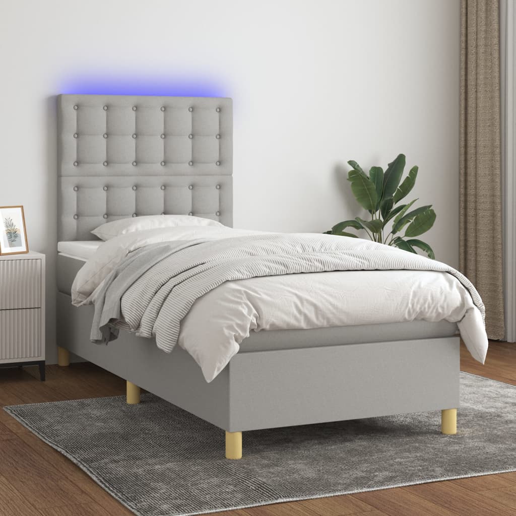 vidaXL Boxspringbett mit Matratze & LED Hellgrau 90x190 cm Stoff