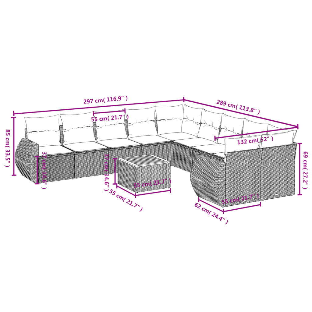 vidaXL 11-tlg. Garten-Sofagarnitur mit Kissen Schwarz Poly Rattan