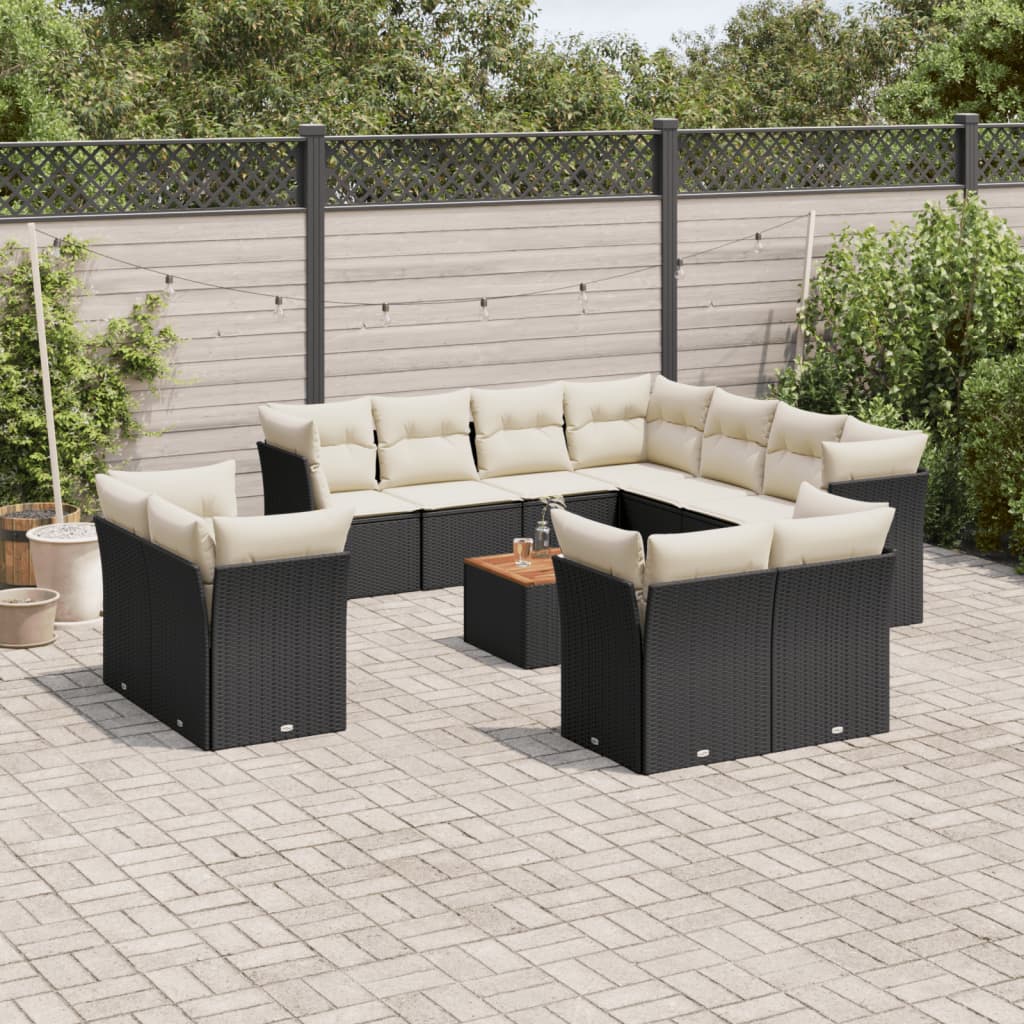 vidaXL 12-tlg. Garten-Sofagarnitur mit Kissen Schwarz Poly Rattan