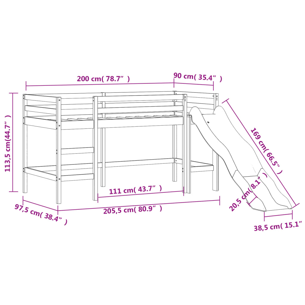 vidaXL Kinderhochbett mit Tunnel Weiß & Schwarz 90x200 cm Kiefernholz