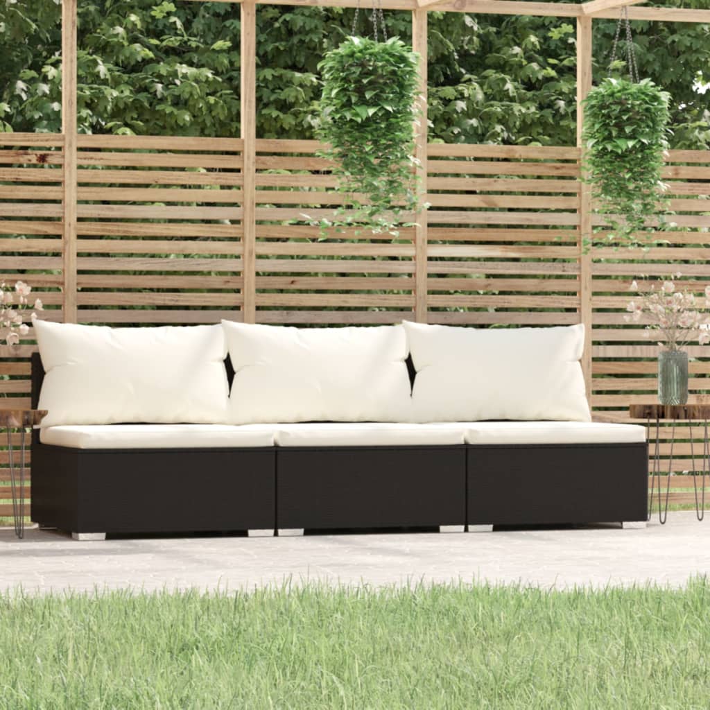 vidaXL 3-Sitzer-Sofa mit Kissen Schwarz Poly Rattan