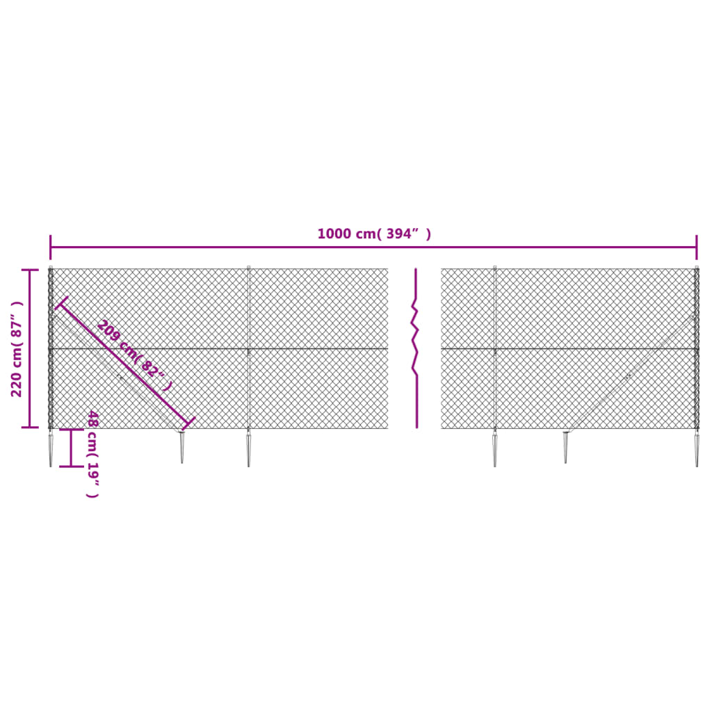 vidaXL Maschendrahtzaun mit Bodenhülsen Silbern 2,2x10 m