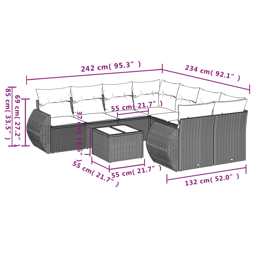 vidaXL 9-tlg. Garten-Sofagarnitur mit Kissen Grau Poly Rattan