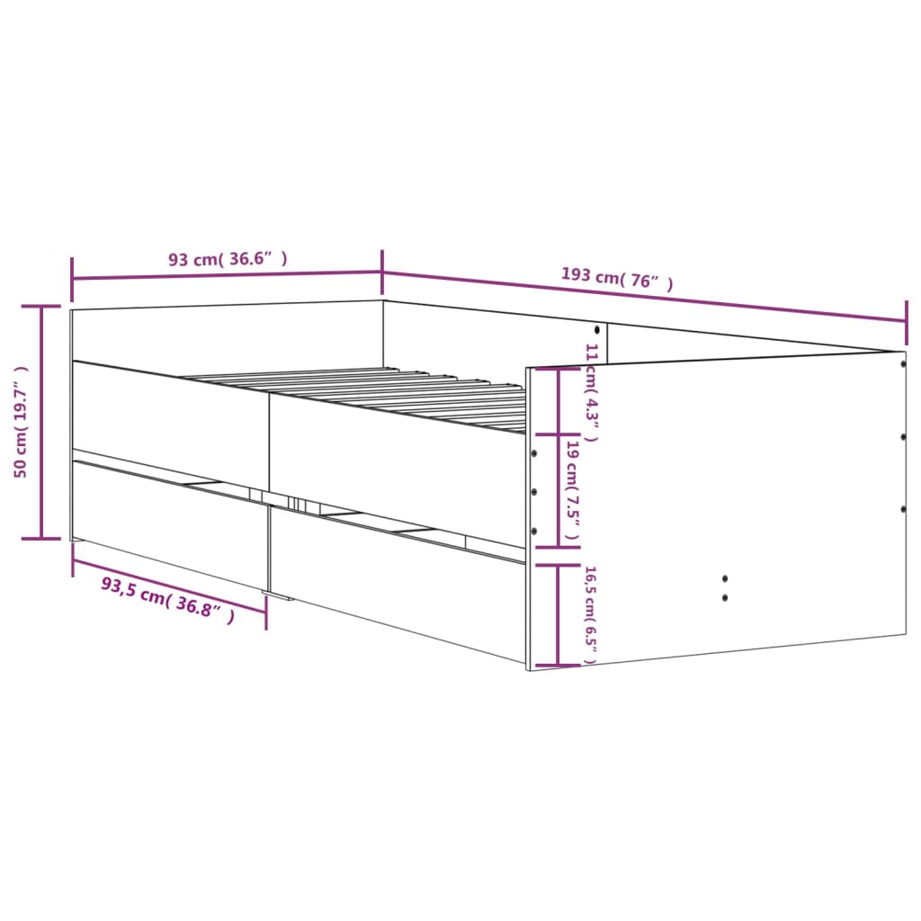 vidaXL Bettgestell mit Schubladen Grau Sonoma 90x190 cm