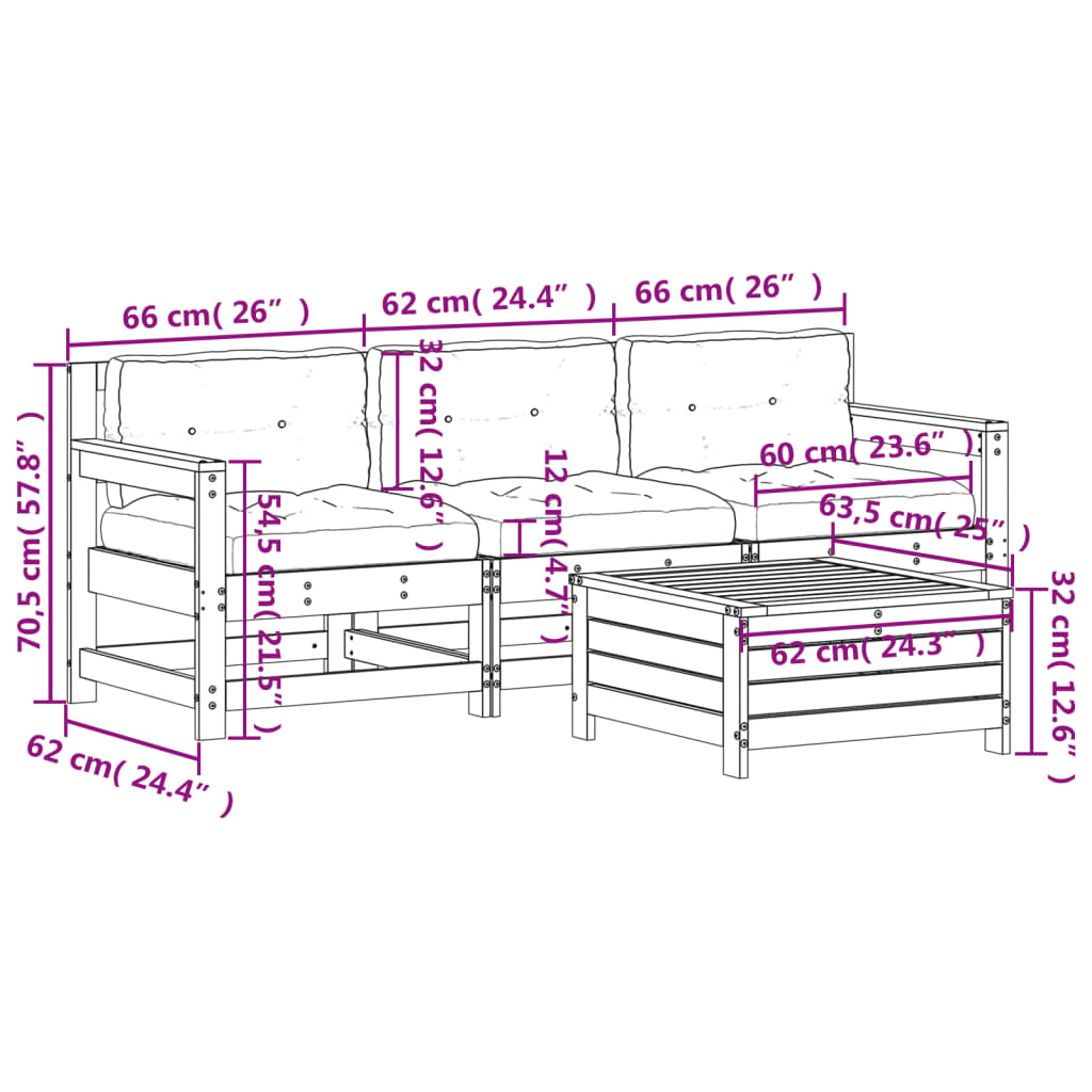 vidaXL 4-tlg. Garten-Lounge-Set mit Kissen Massivholz Kiefer