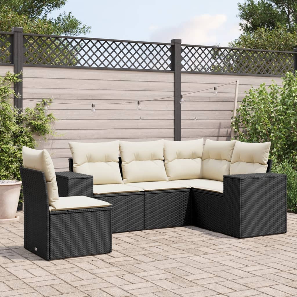 vidaXL 5-tlg. Garten-Sofagarnitur mit Kissen Schwarz Poly Rattan