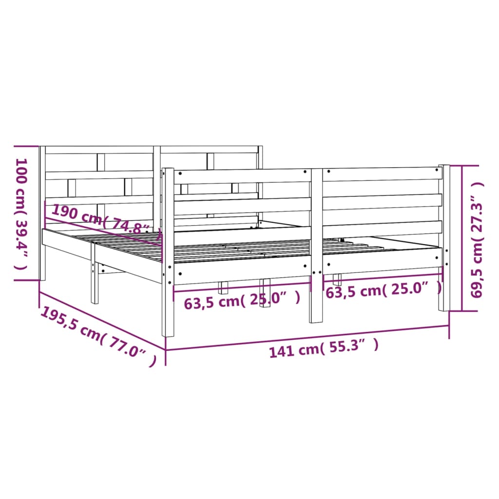 vidaXL Massivholzbett Grau 135x190 cm