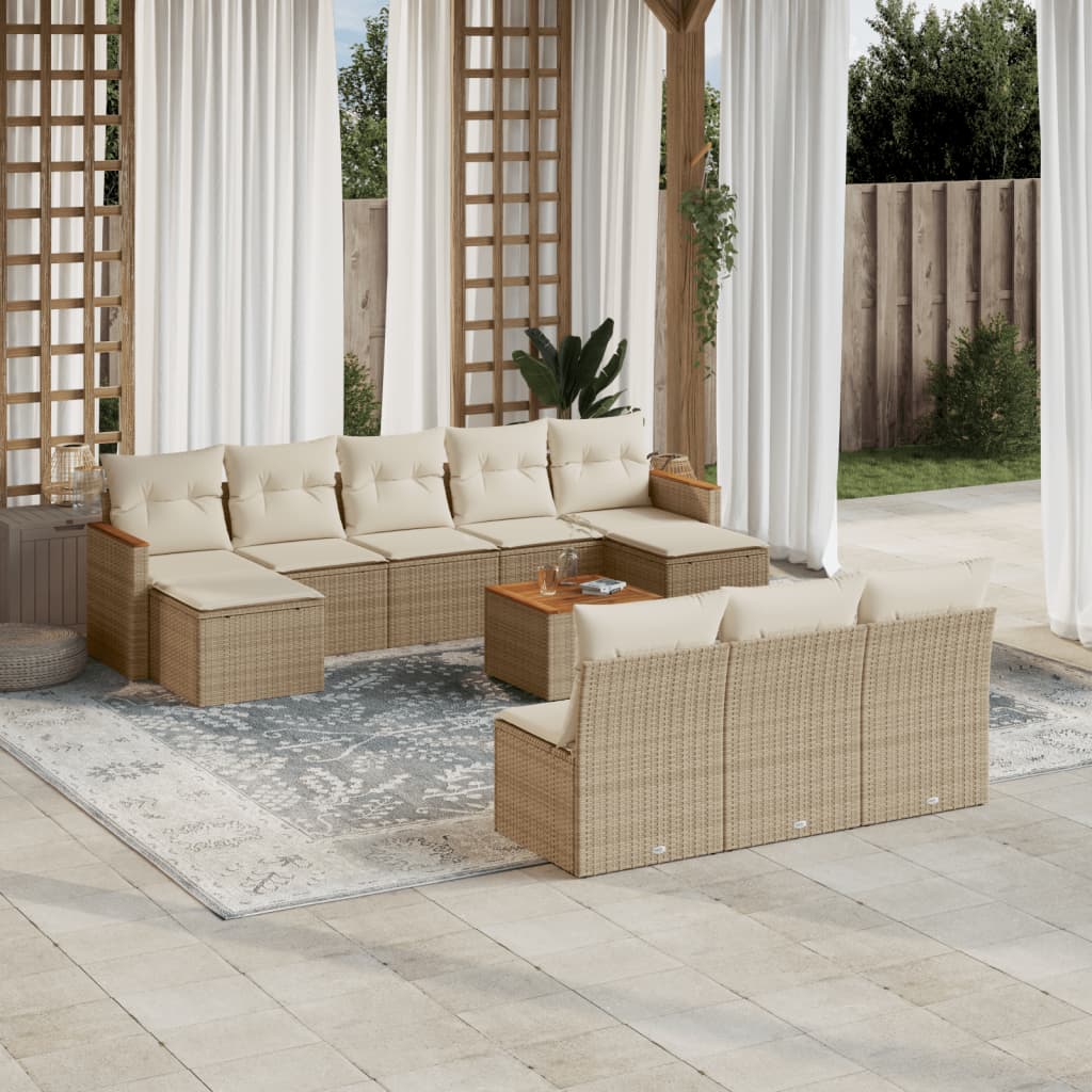 vidaXL 11-tlg. Garten-Sofagarnitur mit Kissen Beige Poly Rattan