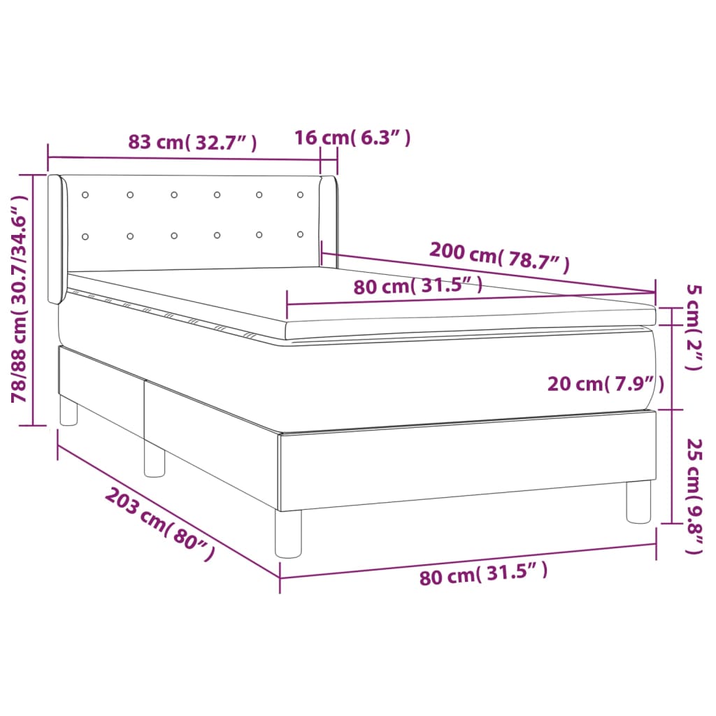 vidaXL Boxspringbett mit Matratze Dunkelgrau 80x200 cm Stoff