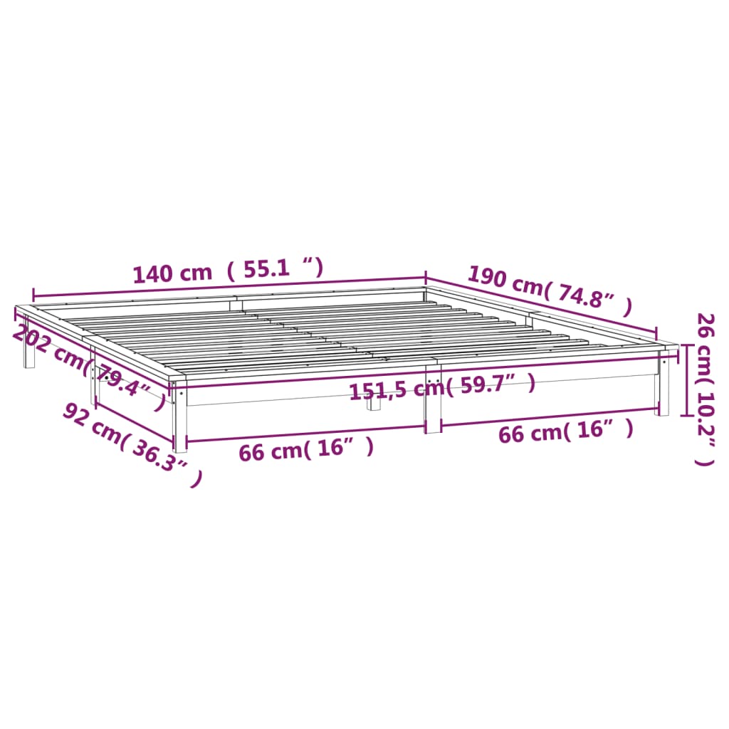 vidaXL Massivholzbett mit LEDs Weiß 140x190 cm