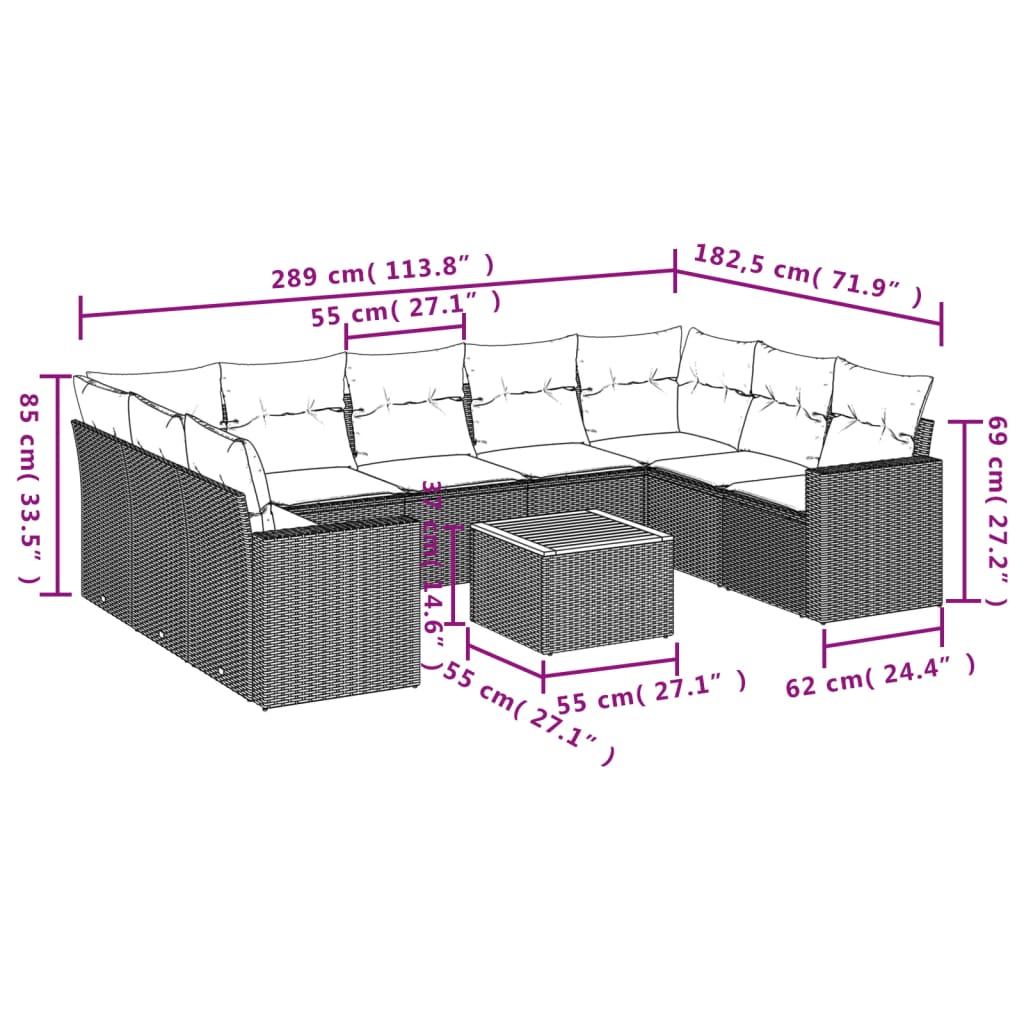 vidaXL 10-tlg. Garten-Sofagarnitur mit Kissen Schwarz Poly Rattan