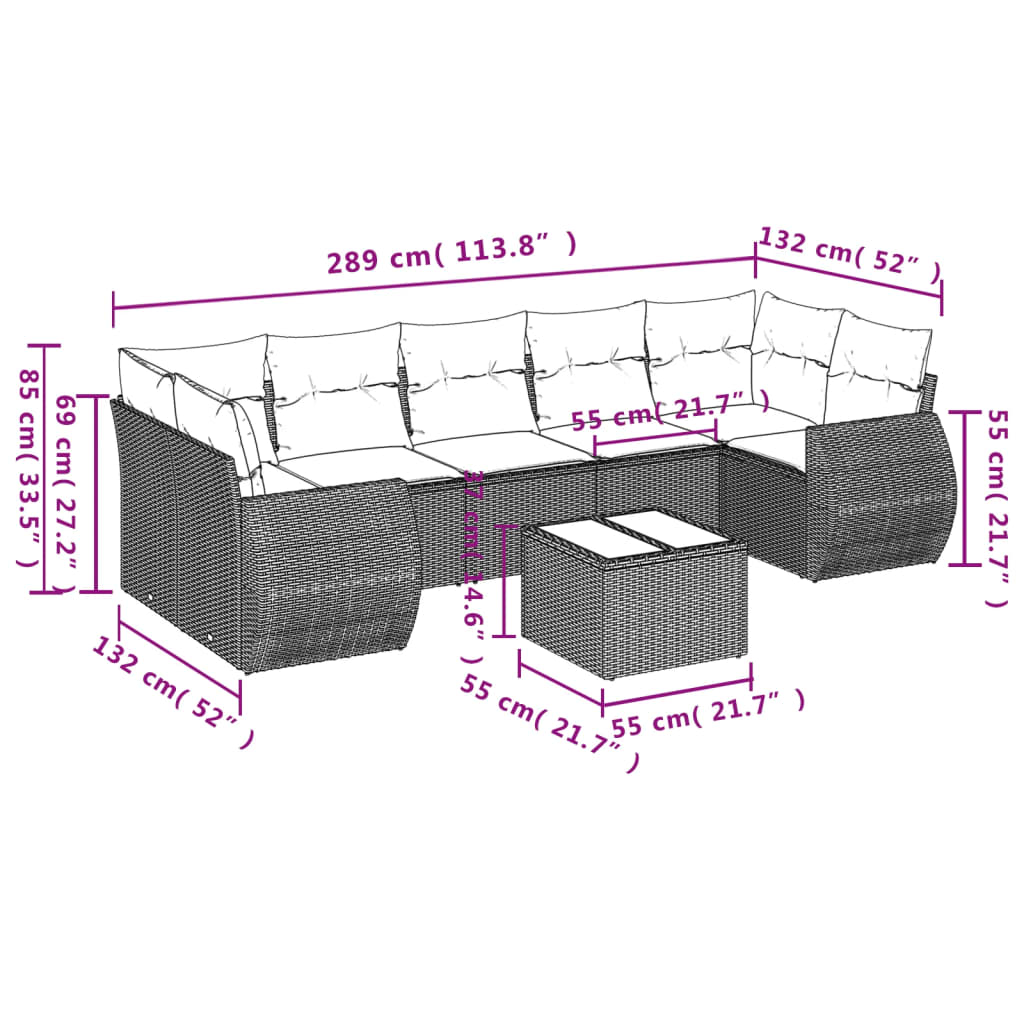 vidaXL 8-tlg. Garten-Sofagarnitur mit Kissen Schwarz Poly Rattan