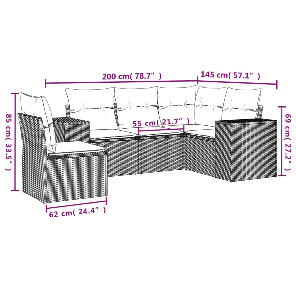 vidaXL 5-tlg. Garten-Sofagarnitur mit Kissen Schwarz Poly Rattan