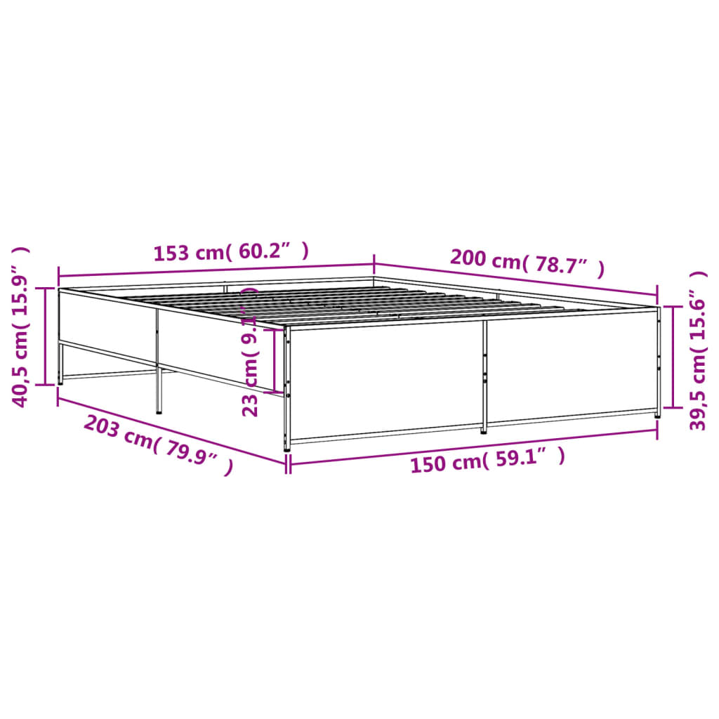 vidaXL Bettgestell Grau Sonoma 150x200 cm Holzwerkstoff und Metall