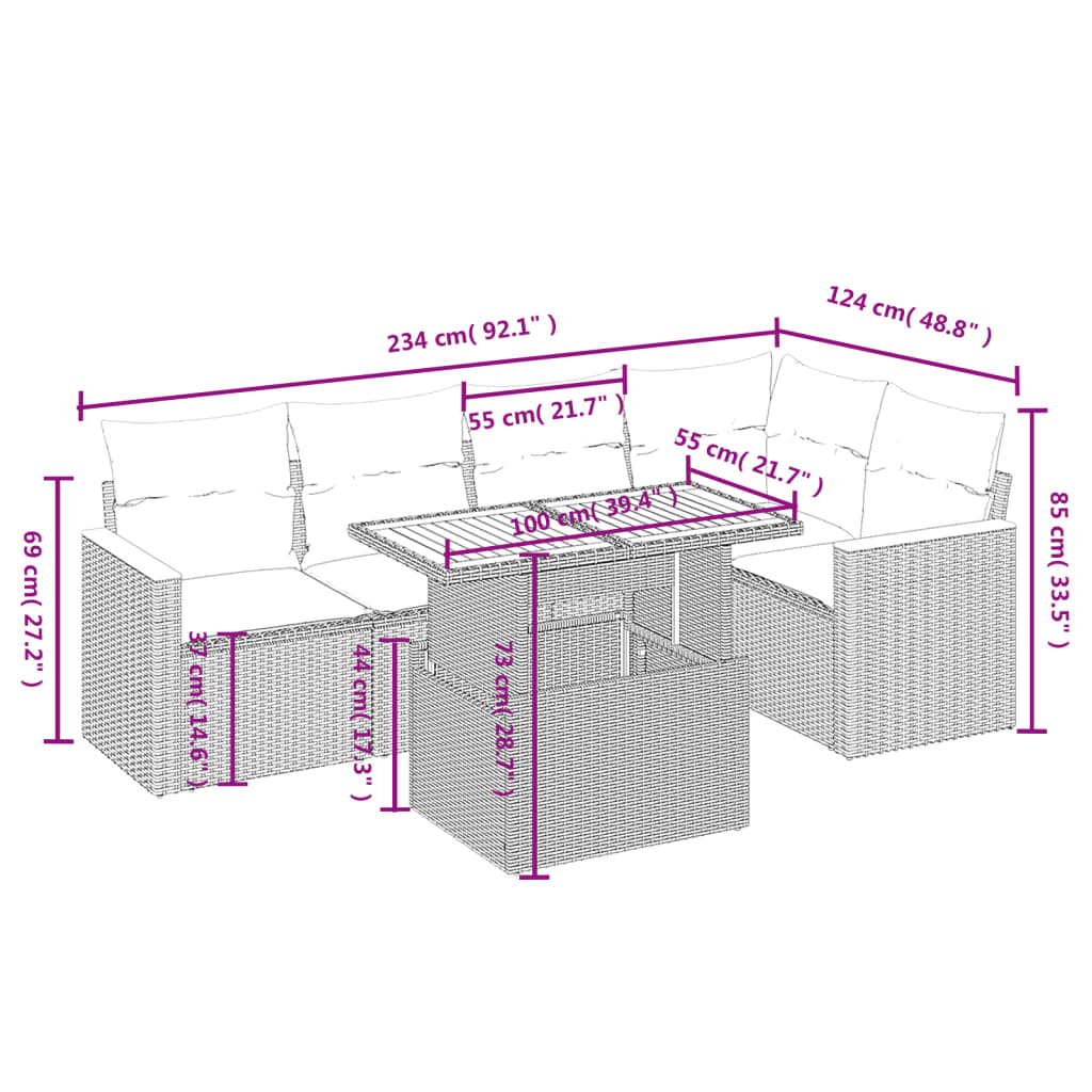 vidaXL 6-tlg. Garten-Sofagarnitur mit Kissen Schwarz Poly Rattan