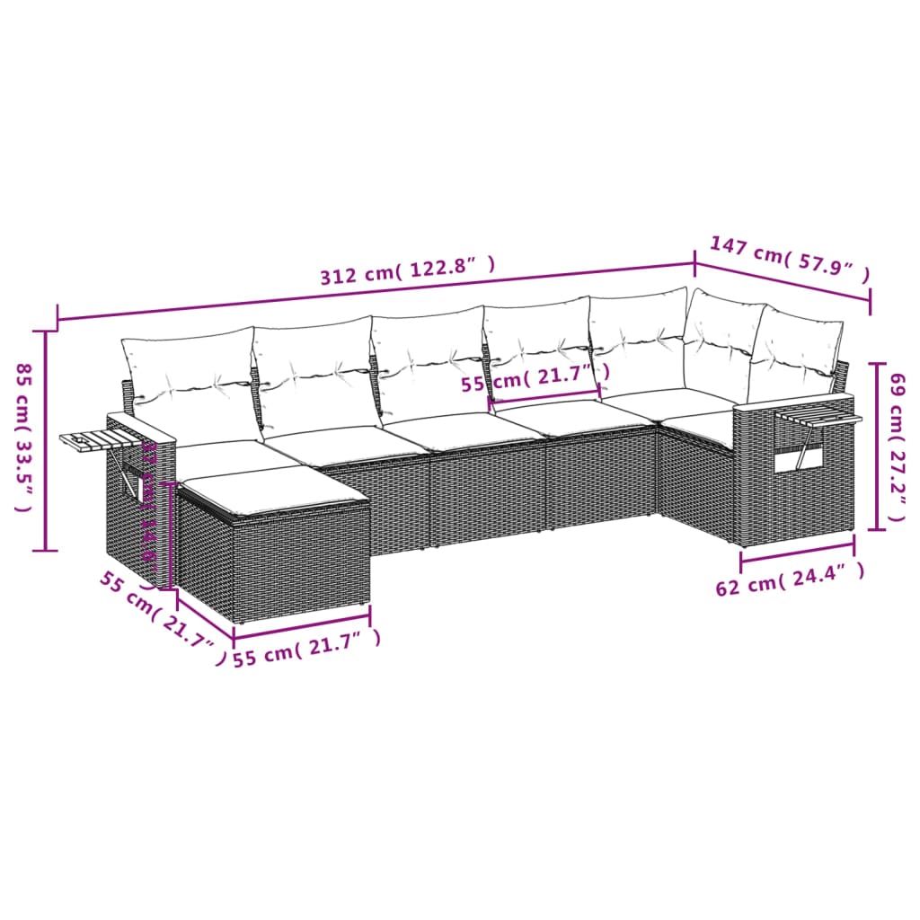 vidaXL 7-tlg. Garten-Sofagarnitur mit Kissen Beige Poly Rattan