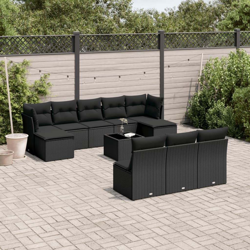 vidaXL 11-tlg. Garten-Sofagarnitur mit Kissen Schwarz Poly Rattan