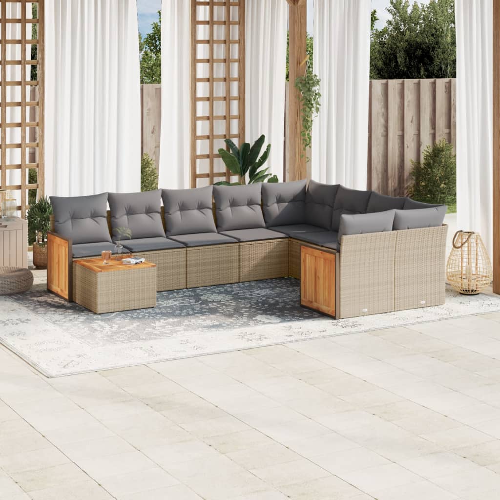 vidaXL 10-tlg. Garten-Sofagarnitur mit Kissen Beige Poly Rattan