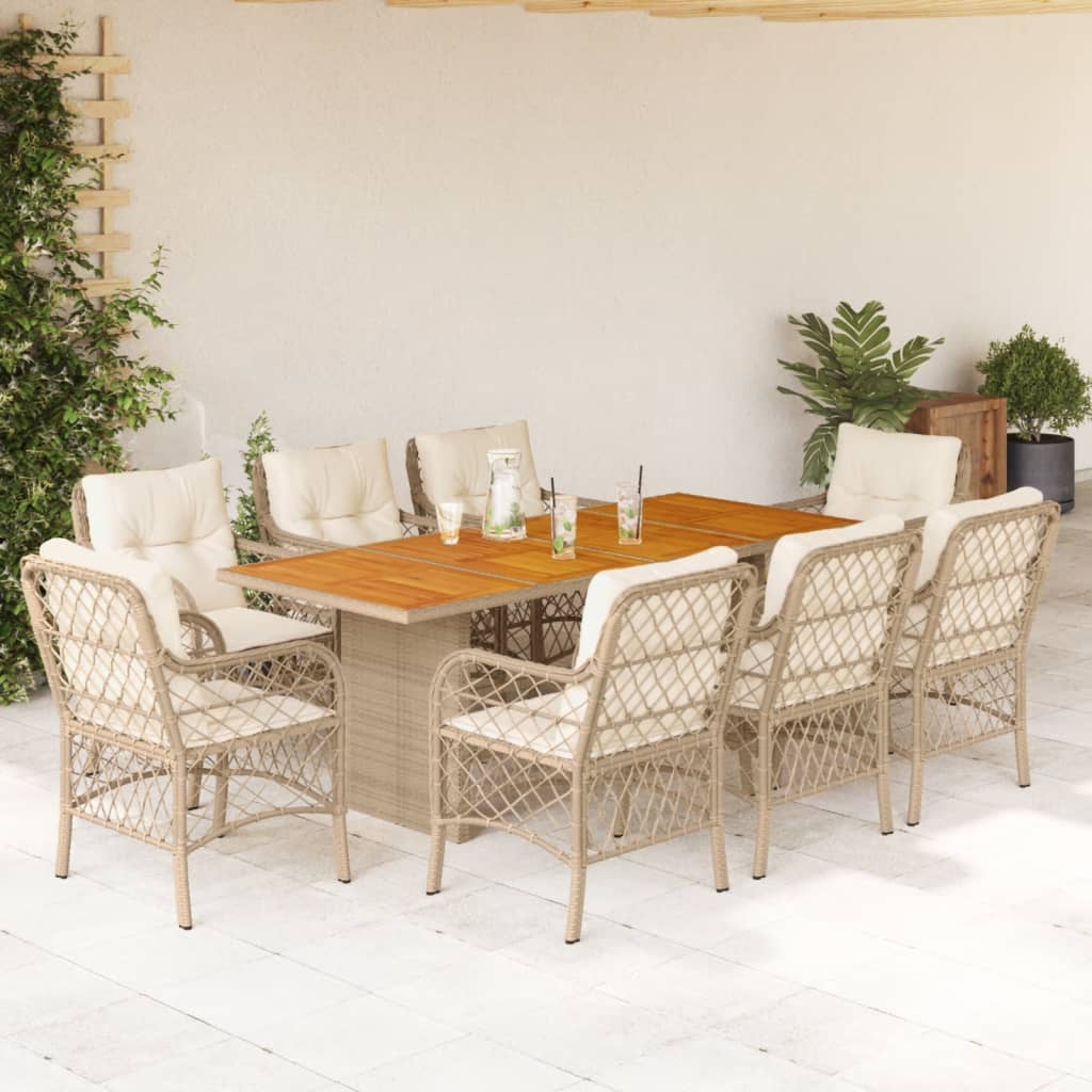 vidaXL 9-tlg. Garten-Essgruppe mit Kissen Beige Poly Rattan