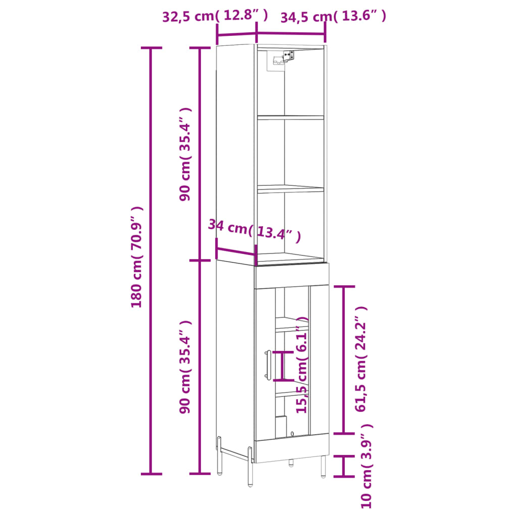 vidaXL Highboard Betongrau 34,5x34x180 cm Holzwerkstoff