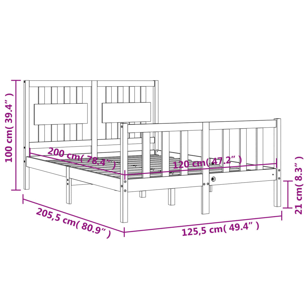 vidaXL Massivholzbett mit Kopfteil 120x200 cm