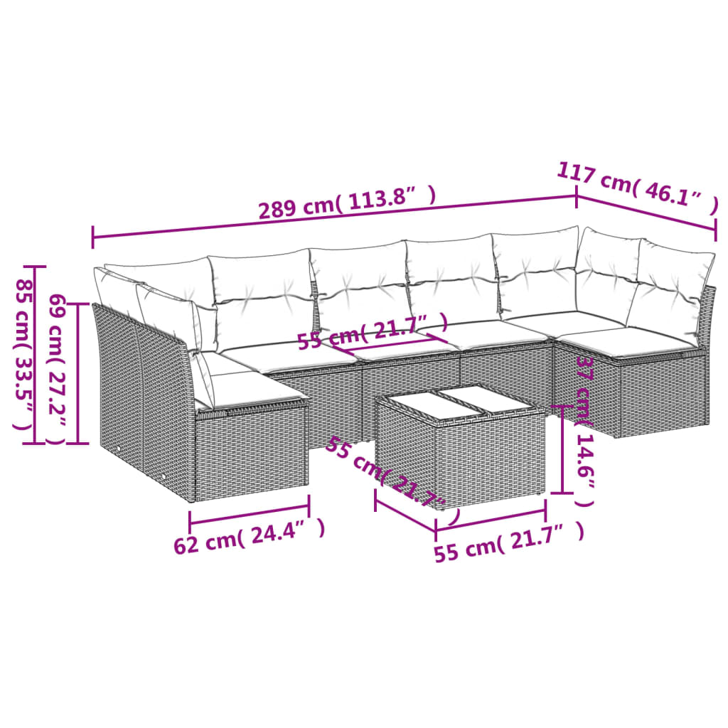 vidaXL 8-tlg. Garten-Sofagarnitur mit Kissen Grau Poly Rattan