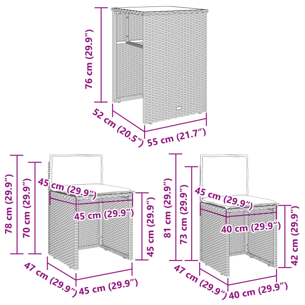 vidaXL 3-tlg. Bistro-Set mit Kissen Beige Poly Rattan