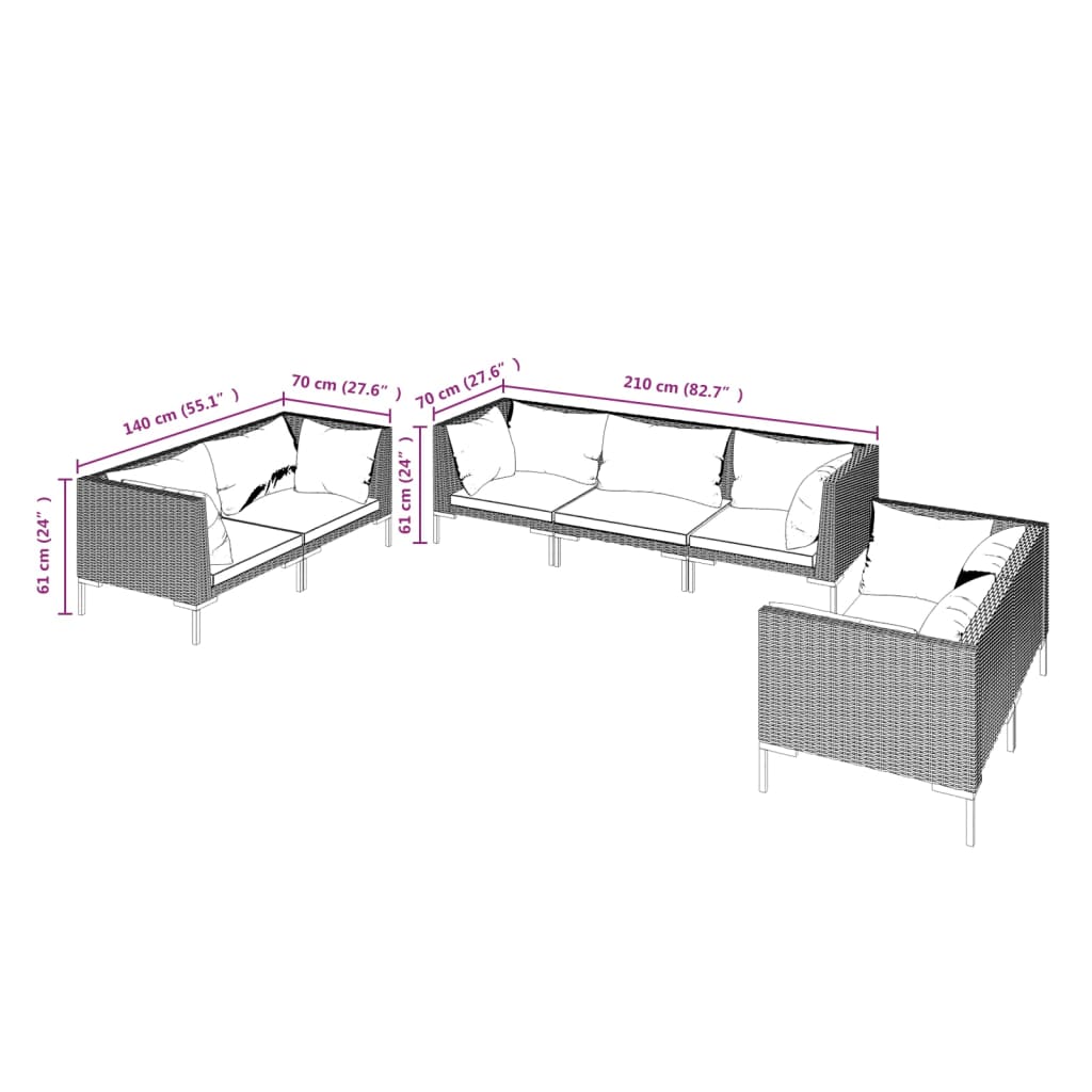 vidaXL 7-tlg. Garten-Lounge-Set mit Kissen Poly Rattan Dunkelgrau