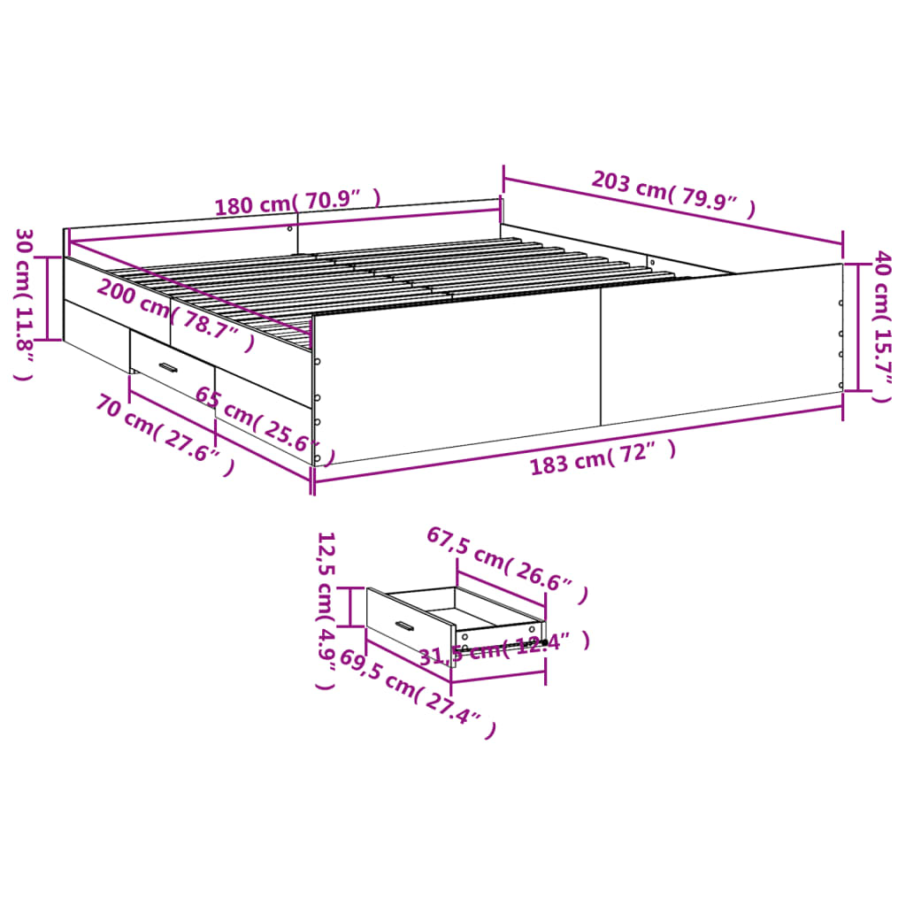 vidaXL Bettgestell mit Schubladen Sonoma-Eiche 180x200cm Holzwerkstoff