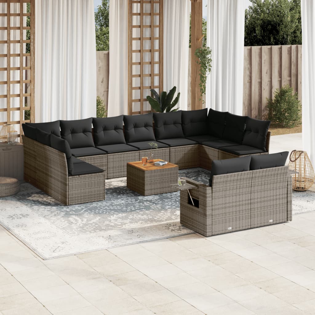 vidaXL 13-tlg. Garten-Sofagarnitur mit Kissen Grau Poly Rattan