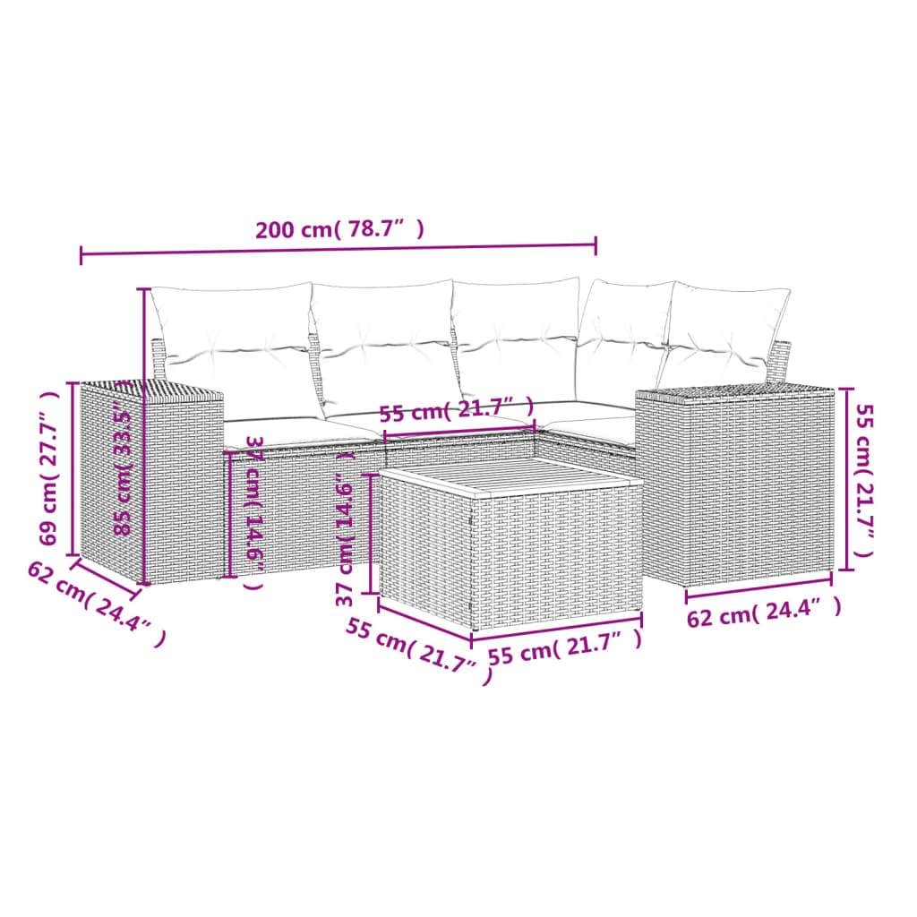 vidaXL 5-tlg. Garten-Sofagarnitur mit Kissen Beige Poly Rattan