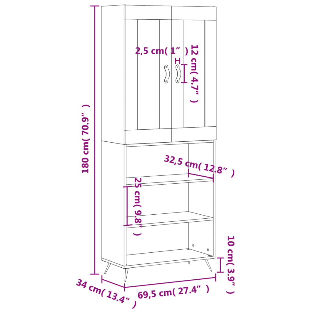 vidaXL Highboard Räuchereiche 69,5x34x180 cm Holzwerkstoff